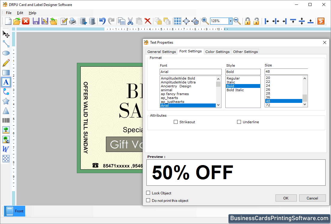 Card and Label Designing Software Text Properties