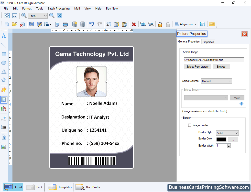 ID Cards Designing Software Picture Properties
