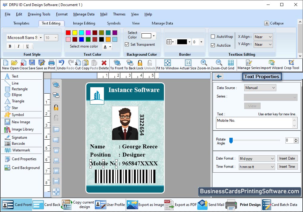 ID Cards Designing Software Text Properties