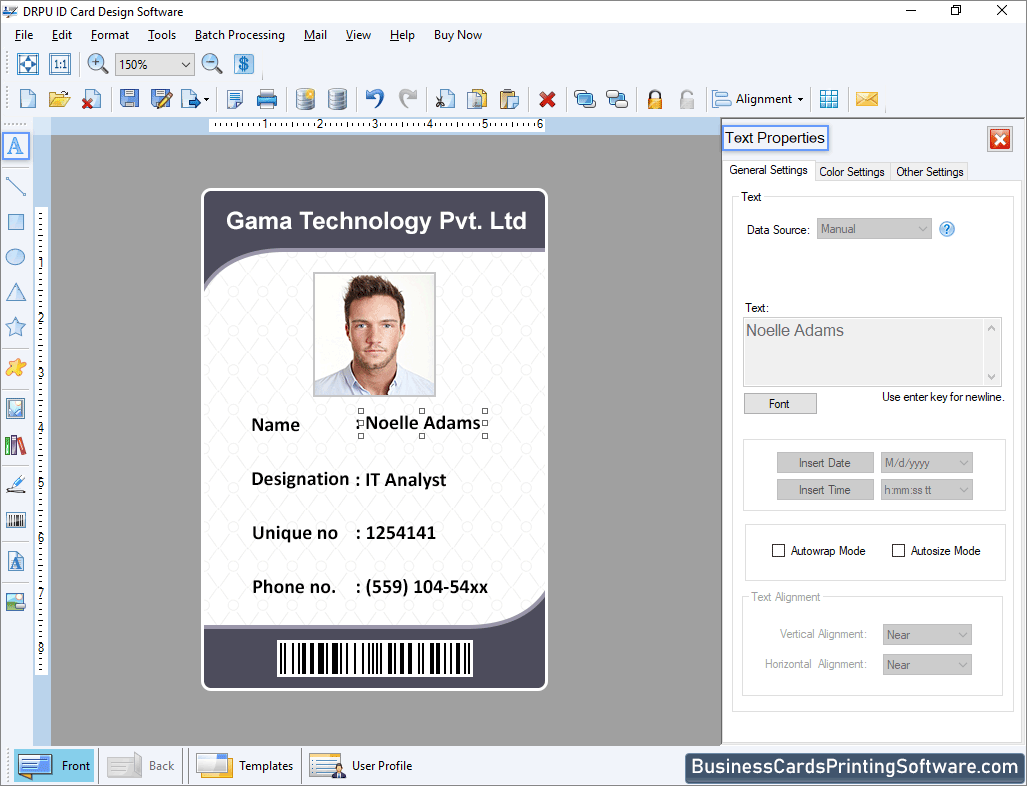 ID Cards Designing Software Text Properties