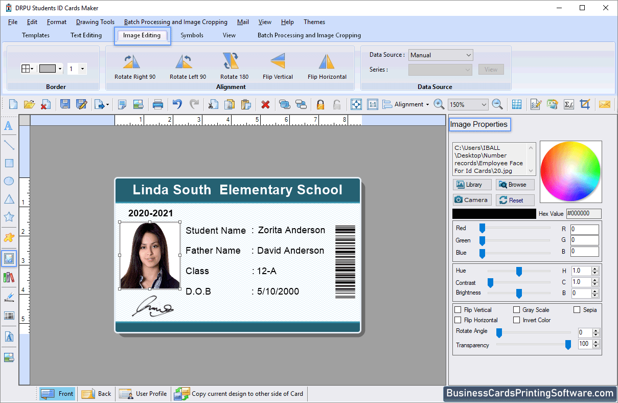 Student id cards designing software creates id cards for multiple students